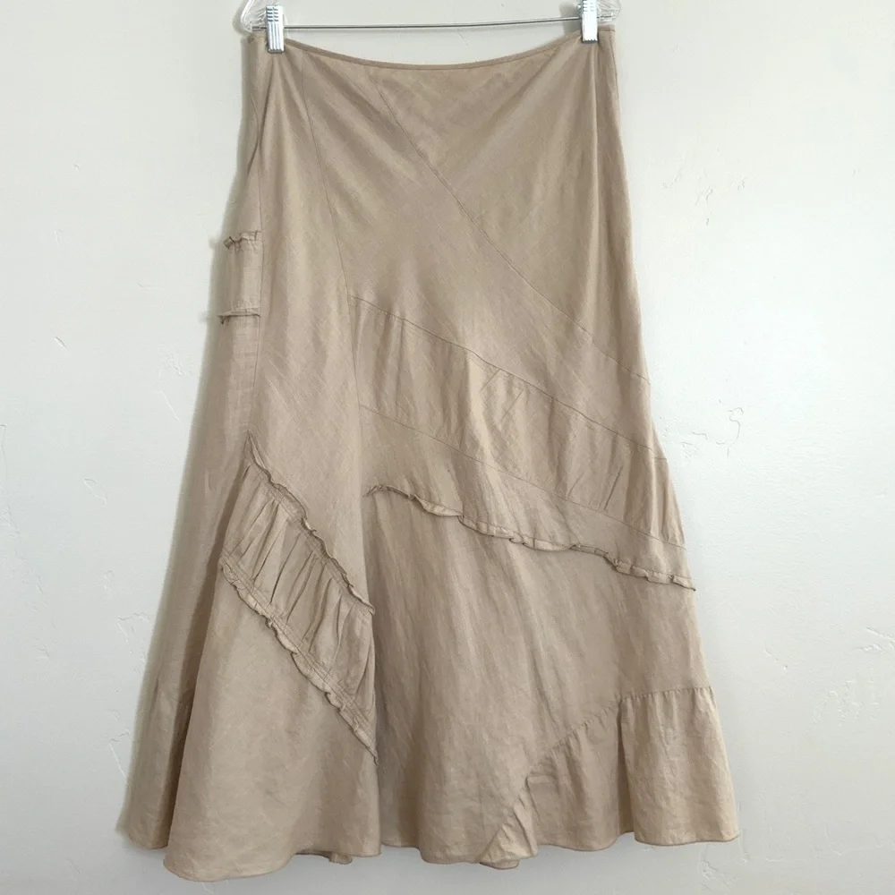 Isabella Bird Tan Panel Tan Beige Linen Lagenlook A-Line Skirt Size 12 - Picture 6 of 14